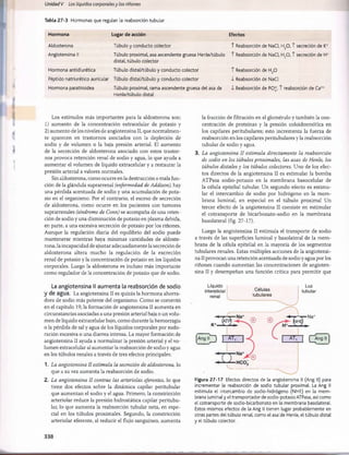 Unidad V Los líquidos corporalesy los riñones
Tabla 27-3 Hormonas que regulan la reabsorción tubular
Hormona Lugar de acción
Aldosterona Tùbulo y conducto colector
Angiotensina 1
! Tùbulo proximal, asa ascendente gruesa Henle/túbulo
distai, tùbulo colector
Hormona antidiurética Tubulo distai/tùbulo y conducto colector
Péptido natriurético auricular Tubulo distal/túbulo y conducto colector
Hormona paratiroidea Tùbulo proximal, rama ascendente gruesa del asa de
Henle/túbulo distal
Efectos
T Reabsorción de NaCl, H20, T secreción de K+
T Reabsorción de NaCl, H,0, t secreción de H+
T Reabsorción de H20
i Reabsorción de NaCl
i Reabsorción de PO', T reabsorción de Ca+
Los estímulos más importantes para la aldosterona son:
1) aumento de la concentración extracelular de potasio y
2) aumento de los niveles de angiotensina II, que normalmen­
te aparecen en trastornos asociados con la depleción de
sodio y de volumen o la baja presión arterial. El aumento
de la secreción de aldosterona asociado con estos trastor­
nos provoca retención renal de sodio y agua, lo que ayuda a
aumentar el volumen de líquido extracelular y a restaurar la
presión arterial a valores normales.
Sin aldosterona, como ocurre en la destrucción o mala fun­
ción de la glándula suprarrenal (enfermedad de Addison), hay
una pérdida acentuada de sodio y una acumulación de pota­
sio en el organismo. Por el contrario, el exceso de secreción
de aldosterona, como ocurre en los pacientes con tumores
suprarrenales (síndrome de Conn) se acompaña de una reten­
ción de sodio y una disminución de potasio en plasma debida,
en parte, a una excesiva secreción de potasio por los riñones.
Aunque la regulación diaria del equilibrio del sodio puede
mantenerse mientras haya mínimas cantidades de aldoste­
rona, la incapacidad de ajustar adecuadamente la secreción de
aldosterona altera mucho la regulación de la excreción
renal de potasio y la concentración de potasio en los líquidos
corporales. Luego la aldosterona es incluso más importante
como regulador de la concentración de potasio que de sodio.
La angiotensina II aumenta la reabsorción de sodio
y de agua. La angiotensina II es quizás la hormona ahorra­
dora de sodio más potente del organismo. Como se comentó
en el capítulo 19, la formación de angiotensina II aumenta en
circunstancias asociadas a una presión arterial baja o un volu­
men de líquido extracelular bajo, como durante la hemorragia
o la pérdida de sal y agua de los líquidos corporales por sudo-
ración excesiva o una diarrea intensa. La mayor formación de
angiotensina II ayuda a normalizar la presión arterial y el vo­
lumen extracelular al aumentar la reabsorción de sodio y agua
en los túbulos renales a través de tres efectos principales:
1. La angiotensina II estimula la secreción de aldosterona, lo
que a su vez aumenta la reabsorción de sodio.
2. La angiotensina II contrae las arteriolas eferentes, lo que
tiene dos efectos sobre la dinámica capilar peritubular
que aumentan el sodio y el agua. Primero, la constricción
arteriolar reduce la presión hidrostática capilar peritubu­
lar, lo que aumenta la reabsorción tubular neta, en espe­
cial en los túbulos proximales. Segundo, la constricción
arteriolar eferente, al reducir el flujo sanguíneo, aumenta
la fracción de filtración en el glomérulo y también la con­
centración de proteínas y la presión coloidosmótica en
los capilares peritubulares; esto incrementa la fuerza de
reabsorción en los capilares peritubulares y la reabsorción
tubular de sodio y agua.
3. La angiotensina II estimula directamente la reabsorción
de sodio en los túbulos proximales, las asas de Henle, los
túbulos distales y los túbulos colectores. Uno de los efec­
tos directos de la angiotensina II es estimular la bomba
ATPasa sodio-potasio en la membrana basocelular de
la célula epitelial tubular. Un segundo efecto es estimu­
lar el intercambio de sodio por hidrógeno en la mem­
brana luminal, en especial en el túbulo proximal Un
tercer efecto de la angiotensina II consiste en estimular
el cotransporte de bicarbonato-sodio en la membrana
basolateral (fig. 27-17).
Luego la angiotensina II estimula el transporte de sodio
a través de las superficies luminal y basolateral de la mem­
brana de la célula epitelial en la mayoría de los segmentos
tubulares renales. Estas múltiples acciones de la angiotensi­
na II provocan una retención acentuada de sodio y agua por los
riñones cuando aumentan las concentraciones de angioten­
sina II y desempeñan una función crítica para permitir que
Líquido
intersticial
renal
Células
tubulares
Luz
tubular
Figura 27-17 Efectos directos de la angiotensina II (Ang II) para
incrementar la reabsorción de sodio tubular proximal. La Ang II
estimula el intercambio de sodio-hidrógeno (NHE) en la mem­
brana luminal y el transportador de sodio-potasio ATPasa, así como
el cotransporte de sodio-bicarbonato en la membrana basolateral.
Estos mismos efectos de la Ang II tienen lugar probablemente en
otras partes del túbulo renal, como el asa de Henle, el túbulo distal
y el túbulo colector.
338
桴瑰㨯⽢潯歳浥摩捯献潲
桴瑰㨯⽢潯歳浥摩捯献潲
 