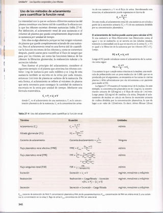 Unidad V Los líquidos corporalesy los riñones
Uso de los m étodos de aclaram iento
para cuantificar la función renal
La intensidad con la que se «aclaran» diferentes sustancias del
plasma constituye una forma útil de cuantificar la eficacia con
la que los riñones excretan diversas sustancias (tabla 27-4).
Por definición, el aclaramiento renal de una sustancia es el
volumen de plasma que queda completamente desprovisto de
la sustancia por unidad de tiempo.
Esta idea es algo abstracta porque no hay ningún volumen
de plasma que quede completamente aclarado de una sustan­
cia. Pero el aclaramiento renal es una forma útil de cuantifi­
car la función excretora de los riñones y, como se comentará
después, puede usarse para cuantificar el flujo de sangre que
pasa por los riñones, así como las funciones básicas de los
riñones: la filtración glomerular, la reabsorción tubular y la
secreción tubular.
Para ilustrar el principio del aclaramiento, considere el
siguiente ejemplo: si el plasma que atraviesa los riñones con­
tiene 1mg de sustancia por cada mililitro y si 1mg de esta
sustancia también se excreta en la orina por cada minuto,
entonces 1ml/min de plasma se «aclara» de la sustancia. De
esta forma, el aclaramiento se refiere al volumen de plasma
que sería necesario para conseguir la cantidad de sustancia
excretada en la orina por unidad de tiempo. Mediante una
fórmula matemática,
C x P = U x V
s s s
donde C es el aclaramiento de una sustancia s, P es la concen-
s s
tración plasmática de la sustancia, Us es la concentración urina­
ria de esa sustancia y V es el flujo de orina. Reordenando esta
ecuación, el aclaramiento puede expresarse en forma de
U xV
C =-
De este modo, el aclaramiento renal de una sustancia se calcula a
partir de la excreción urinaria (U x V) de esa sustancia dividido
por su concentración plasmática.
El aclaramiento de inulina puede usarse para calcular el FC
Si una sustancia se filtra libremente (tan libremente como el
agua) y no se reabsorbe ni se secreta en los túbulos renales,
entonces la intensidad con la que se excreta en la orina (U x V)
es igual a la filtración de la sustancia por los riñones (FG x Ps).
Luego,
FC x P = U x V
s s
Luego el FG puede calcularse como el aclaramiento de la sustan­
cia como sigue:
U XV
FG = - ^ = C
s
Una sustancia que cumple estos criterios es la inulina, una molé­
cula de polisacárido con un peso molecular de 5.200, que no es
producida por el organismo, se encuentra en las raíces de ciertas
plantas y debe administrarse por vía intravenosa a un paciente
para medir el FG.
La figura 27-19 muestra el manejo renal de la inulina. En este
ejemplo, la concentración plasmática es de lmg/ml, la concen­
tración urinaria de 125mg/ml y el flujo de orina de 1ml/min.
Luego pasan 125 mg/ml de insulina a la orina. Después el acla­
ramiento de inulina se calcula en forma de excreción urinaria
de inulina dividida por la concentración plasmática, lo que da
lugar a un valor de 125 ml/min. Es decir, deben filtrase 125 mi
Tabla 27-4 Uso del aclaramiento para cuantificar la función renal
Término
Aclaramiento (Cs)
Filtrado glomerular (FG)
Cociente de aclaramiento
Flujo plasmático renal efectivo (FPRE)
Flujo plasmático renal (FPR)
Ecuación
U xV
c = - v -
U. .. xV
r r~ inulina
FC =^ ~
Cociente de aclaramiento ;
(U„.ux V)
FPRE = CP
A
H= — y
FPR = •
PAH
(U^xV/Pj
E p ah ( P p a h - V p a h ) / P pah
Unidades
ml/min
Ninguna
ml/min
ml/min
Flujo sanguíneo renal (FSR)
Excreción
Reabsorción
Secreción
FSR = ■ FPR
1 - hematocrito
Excreción = U x V
S
Reabsorción = Carga filtrada - Excreción
=(FG xPs) - ( U sxV)
Secreción = Excreción - Carga filtrada
ml/min
mg/min, mmol/min o mEq/min
mg/min, mmol/min o mEq/min
mg/min, mmol/min o mEq/min
EpAH
,cociente de extracción de PAH; P, concentración plasmática; PAH, ácido paraaminohipúrico; PpAH
,concentración de PAH en arteria renal; S, una sustan­
cia; U, concentración en la orina; V, flujo de orina; V pAH
,concentración de PAH en vena renal.
340
桴瑰㨯⽢潯歳浥摩捯献潲
桴瑰㨯⽢潯歳浥摩捯献潲
 