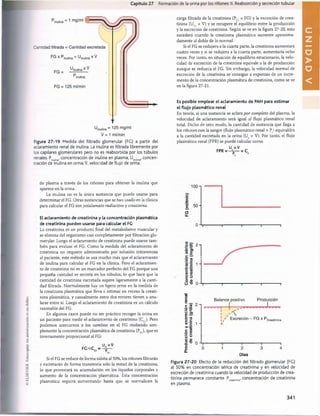 Capítulo 27 Formación de la orina por los riñones: II. Reabsorción y secreción tubular
V = 1 ml/mln
Figura 27-19 Medida del filtrado glomerular (FG) a partir del
aclaramiento renal de inulina. La inulina es filtrada libremente por
los capilares glomerulares pero no es reabsorbida por los túbulos
renales. P¡n
u
l¡n
a
, concentración de inulina en plasma; U¡m
jtIn
a
, concen­
tración de inulina en orina; V, velocidad de flujo de orina.
carga filtrada de la creatinina (PC
r x FG) y la excreción de crea-
tinina (UC
r x V) y se recupere el equilibrio entre la producción
y la excreción de creatinina. Según se ve en la figura 27-20, esto
sucederá cuando la creatinina plasmática aumente aproxima­
damente al doble de lo normal.
Si el FG se redujera a la cuarta parte, la creatinina aumentará
cuatro veces y si se redujera a la cuarta parte, aumentaría ocho
veces. Por tanto, en situación de equilibrio estacionario, la velo­
cidad de excreción de la creatinina equivale a la de producción
aunque se reduzca el FG. Sin embargo, la velocidad normal de
excreción de la creatinina se consigue a expensas de un incre­
mento de la concentración plasmática de creatinina, como se ve
en la figura 27-21.
Es posible emplear el aclaramiento de PAH para estimar
el flujo plasmático renal
En teoría, si una sustancia se aclara por completo del plasma, la
velocidad de aclaramiento será igual al flujo plasmático renal
total. Dicho de otro modo, la cantidad de sustancia que llega a
los riñones con la sangre (flujo plasmático renal x Ps) equivaldrá
a la cantidad excretada en la orina (Us x V). Por tanto, el flujo
plasmático renal (FPR) se puede calcular como
U xV
FPR = - •= C
de plasma a través de los riñones para obtener la inulina que
aparece en la orina.
La inulina no es la única sustancia que puede usarse para
determinar el FG. Otras sustancias que se han usado en la clínica
para calcular el FG son yotalamato radiactivo y creatinina.
El aclaramiento de creatinina y la concentración plasmática
de creatinina pueden usarse para calcular el FG
La creatinina es un producto final del metabolismo muscular y
se elimina del organismo casi completamente por filtración glo­
merular. Luego el aclaramiento de creatinina puede usarse tam­
bién para evaluar el FG. Como la medida del aclaramiento de
creatinina no requiere administrarlo por infusión intravenosa
al paciente, este método se usa mucho más que el aclaramiento
de inulina para calcular el FG en la clínica. Pero el aclaramien­
to de creatinina no es un marcador perfecto del FG porque una
pequeña cantidad se secreta en los túbulos, lo que hace que la
cantidad de creatinina excretada supere ligeramente a la canti­
dad filtrada. Normalmente hay un ligero error en la medida de
la creatinina plasmática que lleva a estimar en exceso la creati­
nina plasmática, y casualmente estos dos errores tienen a anu­
larse entre sí. Luego el aclaramiento de creatinina es un cálculo
razonable del FG.
En algunos casos puede no ser práctico recoger la orina en
un paciente para medir el aclaramiento de creatinina (CC
r). Pero
podemos acercarnos a los cambios en el FG midiendo sim­
plemente la concentración plasmática de creatinina (PC
r), que es
inversamente proporcional al FG:
FGs :CC
r=
U ,xV
Si el FG se reduce de forma súbita al 50%, los riñones filtrarán
y excretarán de forma transitoria sólo la mitad de la creatinina,
lo que provocará su acumulación en los líquidos corporales y
aumento de la concentración plasmática. Esta concentración
plasmática seguirá aumentando hasta que se normalicen la
100-1
c
E
E 50 H
(3
n¡
c
5
C 3
:2 p
o O
)
a

o rc
x .E
® E
•4=
r-
£
O Q
)
3 -O
■o
O
1 -
Balance positivo Producción
_____ i_____
i
i
¡/
v
'A
Excreción ■ FG x P,Creatinina
—I
-----
2
Días
Figura 27-20 Efecto de la reducción del filtrado glomerular (FG)
al 50% en concentración sérica de creatinina y en velocidad de
excreción de creatinina cuando la velocidad de producción de crea­
tinina permanece constante,
en plasma.
P . , concentración de creatinina
c
r
e
a
t
in
in
a
'
341
U
N
桴瑰㨯⽢潯歳浥摩捯献潲
桴瑰㨯⽢潯歳浥摩捯献潲
 