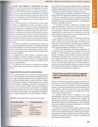un
«.i
m*i
li'
i
m
i(i«
ni«
»'Min
•■ii
|

i
i
i
i
|
|
Capítulo 29 Regulación renal del potasio, el calcio, el fosfato y el magnesio
^actores que regulan la reabsorción de calcio
T-Dular. Uno de los principales controladores de la reab­
sorción tubular renal de calcio es la PTH. Las concentra­
li :- es altas de PTH estimulan la reabsorción de sodio en
la rama gruesa ascendente del asa de Henle y en el tùbulo
iíta l, lo que reduce la excreción urinaria de calcio. Por el
::nrrario, la reducción de la PTH favorece la excreción de
rulcio al reducir la reabsorción en el asa de Henle y en el
rubulo distal.
En el tùbulo proximal, la reabsorción de calcio suele
ir paralela a la reabsorción de sodio y de agua y es inde­
pendiente de la PTH. Por tanto, en casos de expansión del
: lumen extracelular o aumento de la presión arterial (que
reducen la reabsorción proximal de agua y de sodio) se pro­
duce una reducción en la reabsorción de calcio y, en conse-
ruencia, un aumento de la excreción urinaria de calcio. Por
ú contrario, con la contracción del volumen extracelular o
reducción de la presión arterial, la excreción de calcio se
reduce sobre todo por el aumento de la reabsorción tubular
proximal.
Otro factor que influye en la reabsorción de calcio es la
roncentración plasmática de fosfato. Un aumento del fosfato
plasmático estimula a la PTH, que aumenta la reabsorción de
calcio en los túbulos renales reduciendo por tanto su excre­
ción. Ocurre lo opuesto con la reducción de la concentración
plasmática de fosfato.
La reabsorción de calcio también la estimula la acido-
sis metabòlica y la inhibe la alcalosis metabòlica. La mayor
parte del efecto de la concentración del ion hidrógeno sobre
la excreción de calcio se debe a cambios en la reabsorción de
calcio en el tùbulo distai.
En la tabla 29-2 se muestra un resumen de los factores
que se sabe influyen en la excreción de calcio en los túbulos
renales.
que la mayoría de las personas ingiere grandes cantidades de
fosfato en los productos lácteos y en la carne, la concentración
de fosfato suele mantenerse por encima de 1mM/1, un valor en
el que hay una excreción continua de fosfato en la orina.
El tùbulo proximal reabsorbe normalmente el 75-80% del
fosfato filtrado. El tùbulo distai reabsorbe aproximadamente
el 10% de la carga filtrada, y sólo se reabsorben cantidades
muy pequeñas en el asa de Henle, los túbulos colectores y los
conductos colectores. Aproximadamente el 10% del fosfato
filtrado es excretado en la orina.
En el tùbulo proximal, la reabsorción de fosfato tiene
lugar principalmente a través de la ruta transcelular. El fos­
fato entra en la célula desde la luz por un cotransportador
de sodio-fosfato y sale de la célula a través de la membrana
basolateral por un proceso que no se conoce bien, pero que
puede implicar un mecanismo de contratransporte en el que
se intercambia el fosfato por un anión.
Los cambios en la capacidad de reabsorción tubular de
fosfato también pueden producirse en condiciones dife­
rentes e influir en la excreción de fosfato. Por ejemplo, una
dieta pobre en fosfato puede, al cabo del tiempo, aumentar el
transporte máximo por reabsorción de fosfato, reduciendo
así la tendencia del fosfato a eliminarse en la orina.
La PTH puede desempeñar una función significativa en
la regulación de la concentración de fosfato mediante dos
efectos: 1) la PTH favorece la resorción ósea, lo que vierte
grandes cantidades de iones fosfato al líquido extracelular
procedentes de las sales óseas, y 2) la PTH reduce el trans­
porte máximo del fosfato en los túbulos renales, de manera
que se pierde una mayor proporción de fosfato tubular en
la orina. De este modo, siempre que la PTH está elevada, la
reabsorción tubular defosfato se reduce y se excreta másfos­
fato. Estas interrelaciones entre el fosfato, la PTH y el calcio
se comentan con más detalle en el capítulo 79.
Regulación de la excreción renal de fosfato
La excreción de fosfato en los riñones está controlada sobre
rodo por un mecanismo de exceso de flujo que puede explicarse
:: mo sigue: los túbulos renales tienen un transporte máximo
normal para reabsorber fosfato de unos 0,lmM /m in. Cuando
hay menos de esa cantidad en el filtrado glomerular, casi todo
¿ fosfato filtrado se reabsorbe. Cuando hay más que esto, el
exceso se secreta. Luego el fosfato comienza normalmente a
arrojarse en la orina cuando su concentración en el líquido
rxrracelular aumenta por encima de un umbral de alrededor
¿e 0,8 mM/1, lo que da lugar a una carga tubular de fosfato de
unos 0,1 mM/1, suponiendo un FG de 125ml/min. Debido a
Tabla 29-2 Factores que alteran la excreción renal de calcio
. Excreción de calcio
Hormona paratiroidea (PTH)
. .'olumen de líquido
í.tracelular
. 3resión arterial
* fosfato plasmático
icdosis metabòlica
■amina D,
T Excreción de calcio
4- PTH
T Volumen de líquido
extracelular
T Presión arterial
-i Fosfato plasmático
Alcalosis metabòlica
Control de la excreción renal de m agnesio
y de la concentración extracelular del ion
m agnesio
Más de la mitad del magnesio del organismo se almacena en
los huesos. La mayor parte del resto reside dentro de las célu­
las, y menos de un 1% se localiza en el líquido extracelular.
Aunque la concentración plasmática total de magnesio es de
unos l,8mEq/l, más de la mitad está unida a las proteínas
plasmáticas. Luego la concentración ionizada libre de mag­
nesio es sólo de unos 0,8 mEq/1.
La ingestión diaria normal de magnesio es de unos
250-300 mg/día, pero sólo la mitad se absorbe en el aparato
digestivo. Para mantener el equilibrio del magnesio, los
riñones deben excretar este magnesio absorbido, alrededor de
la mitad de la ingestión diaria de magnesio, o 125-150 mg/día.
Los riñones excretan normalmente alrededor del 10-15% del
magnesio en el filtrado glomerular.
La excreción renal de magnesio puede aumentar mucho
durante el exceso de magnesio o reducirse hasta un valor casi
nulo durante la pérdida de magnesio. Debido a que el magne­
sio participa en muchos procesos bioquímicos del organismo,
incluida la activación de muchas enzimas, su concentración
debe regularse estrechamente.
369
桴瑰㨯⽢潯歳浥摩捯献潲
桴瑰㨯⽢潯歳浥摩捯献潲
 