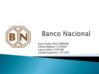 Banco Nacional Juan Carlos Ortiz 989498 Liliana Mateos 1270255 Laura Uribe 1270106 J.Israel Gutiérrez 1271451 