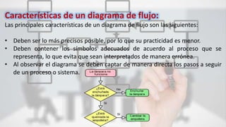 Características de un diagrama de flujo:
Las principales características de un diagrama de flujo son las siguientes:
• Deben ser lo más precisos posible, por lo que su practicidad es menor.
• Deben contener los símbolos adecuados de acuerdo al proceso que se
representa, lo que evita que sean interpretados de manera errónea.
• Al observar el diagrama se deben captar de manera directa los pasos a seguir
de un proceso o sistema.
 