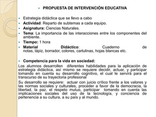    PROPUESTA DE INTERVENCIÓN EDUCATIVA

   Estrategia didáctica que se llevo a cabo
   Actividad: Reparto de subtemas a cada equipo.
   Asignatura: Ciencias Naturales.
   Tema: La importancia de las interacciones entre los componentes del
    ambiente.
   Tiempo: 1 hora
   Material               Didáctico:                Cuaderno       de
    notas, lápiz, borrador, colores, cartulinas, hojas blancas etc.

  Competencia para la vida en sociedad:
Los alumnos desarrollen diferentes habilidades para la aplicación de
estrategia didáctica, así mismo se requiere decidir, actuar, y participar
tomando en cuenta su desarrollo cognitivo, el cual le servirá para el
transcurso de su trayectoria profesional
Su desarrollo se requiere: actuar con juicio crítico frente a los valores y
las normas sociales y culturales, proceder a favor de la democracia, la
libertad, la paz, el respeto mutuo, participar tomando en cuenta las
implicaciones sociales del uso de la tecnología, y conciencia de
pertenencia a su cultura, a su país y al mundo.
 