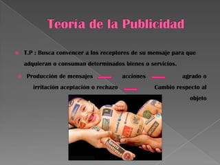  T.P : Busca convencer a los receptores de su mensaje para que
adquieran o consuman determinados bienes o servicios.
 Producción de mensajes acciones agrado o
irritación aceptación o rechazo Cambio respecto al
objeto
 