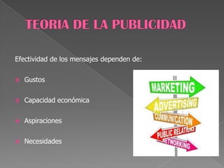 Efectividad de los mensajes dependen de:
 Gustos
 Capacidad económica
 Aspiraciones
 Necesidades
 