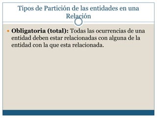 Tipos de Partición de las entidades en una
Relación
 Obligatoria (total): Todas las ocurrencias de una

entidad deben estar relacionadas con alguna de la
entidad con la que esta relacionada.

 