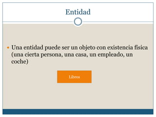Entidad

 Una entidad puede ser un objeto con existencia física

(una cierta persona, una casa, un empleado, un
coche)
Libros

 