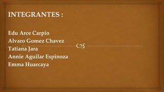 INTEGRANTES :
Edu Arce Carpio
Alvaro Gomez Chavez
Tatiana Jara
Annie Aguilar Espinoza
Emma Huarcaya
 