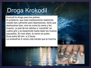 Droga Krokodil
Krokodil la droga para los pobres.
El problema: que esta medicamento realmente
creado tipo calmante para depresiones, tiene que
deshacerse bien, sino se come la carne y los
huesos. La piel de los adictos a ‘cocodrilo’ se
vuelve gris y se desprende hasta dejar los huesos
expuestos. En tres años, la carne se pudre.
Dura entre 90 min. a 2 horas.
La krokodil es 5 veces más barata que la heroína

 