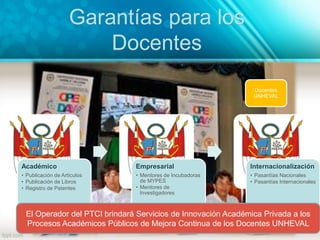 Académico
• Publicación de Artículos
• Publicación de Libros
• Registro de Patentes
Empresarial
• Mentores de Incubadoras
de MYPES
• Mentores de
Investigadores
Internacionalización
• Pasantías Nacionales
• Pasantías Internacionales
Garantías para los
Docentes
Docentes
UNHEVAL
El Operador del PTCI brindará Servicios de Innovación Académica Privada a los
Procesos Académicos Públicos de Mejora Continua de los Docentes UNHEVAL
 