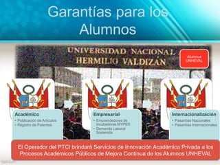 Académico
• Publicación de Artículos
• Registro de Patentes
Empresarial
• Emprendedores de
Incubadoras MYPES
• Demanda Laboral
Sostenida
Internacionalización
• Pasantías Nacionales
• Pasantías Internacionales
Garantías para los
Alumnos
El Operador del PTCI brindará Servicios de Innovación Académica Privada a los
Procesos Académicos Públicos de Mejora Continua de los Alumnos UNHEVAL
Alumnos
UNHEVAL
 