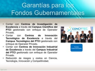 Garantías para los
Fondos Gubernamentales
Fondos
Gubernamentales
• Contar con Centros de Investigación de
Excelencia a través del Campus Científico del
PTCI gestionado con enfoque de Operador
Privado.
• Contar con Centros de Innovación
Tecnológica de Excelencia a través del
Campus Tecnológico del PTCI gestionado con
enfoque de Operador Privado.
• Contar con Centros de Innovación Industrial
de Excelencia a través del Campus Industrial
del PTCI gestionado con enfoque de Operador
Privado.
• Reducción de riesgos y costos en Ciencia,
Tecnología, Innovación y Competitividad.
 