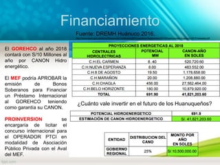 Financiamiento
El GOREHCO al año 2018
contará con S/10 Millones al
año por CANON Hidro
energético.
El MEF podría APROBAR la
emisión de Bonos
Soberanos para Financiar
un Préstamo Internacional
al GOREHCO teniendo
como garantía su CANON.
PROINVERSION se
encargaría de licitar el
concurso internacional para
el OPERADOR PTCI en
modalidad de Asociación
Público Privada con el Aval
del MEF.
¿Cuánto vale invertir en el futuro de los Huanuqueños?
Fuente: DREMH Huánuco 2016.
http://www.bcrp.gob.pe/docs/Proyeccion-Institucional/Encuentros-Regionales/2015/huanuco/eer-huanuco-2015-besada.pdf
 
