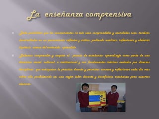    -Debe posibilitar que los conocimientos no solo sean comprendidos y asimilados sino, también

    desarrollados en un pensamiento reflexivo y critico, pudiendo analizar, reflexionar y elaborar

    hipótesis acerca del contenido aprendido.

   -Debemos comprender y aceptar el `proceso de enseñanza- aprendizaje como parte de una

    dinámica social, cultural, e institucional y con fundamentos teóricos avalados por diversas

    disciplinas que enriquecen la practica docente y permiten conocer y reflexionar cada día mas

    sobre ella posibilitando así una mejor labor docente y beneficiosa enseñanza para nuestros

    alumnos.
 