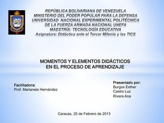 MOMENTOS Y ELEMENTOS DIDÁCTICOS
                EN EL PROCESO DE APRENDIZAJE


                                                             Presentado por:
Facilitadora:
                                                             Burgos Esther
Prof. Marianela Hernández
                                                             Castro Luz
                                                             Rivera Ana



                            Caracas, 25 de Febrero de 2013
 