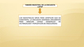 TAMAÑO MUESTRAL DE LA ENCUESTA
LAPOP
LOS MUESTRALES SIRVE PARA VERIFICAR QUE ES
CONSTANTE; LA ENCUESTA DISEÑADA ÚNICAMENTE
PARA ARROJAR CIFRAS GENERALES DE
VICTIMIZACIÓN Y PERCEPCIÓN DE INSEGURIDAD.
 