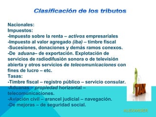 Nacionales:
Impuestos:
-Impuesto sobre la renta – activos empresariales
-Impuesto al valor agregado (iba) – timbre fiscal
-Sucesiones, donaciones y demás ramos conexos.
-De aduana– de exportación. Explotación de
servicios de radiodifusión sonora o de televisión
abierta y otros servicios de telecomunicaciones con
fines de lucro – etc.
Tasas:
-Timbre fiscal – registro público – servicio consular.
-Aduanas – propiedad horizontal –
telecomunicaciones.
-Aviación civil – arancel judicial – navegación.
-De mejoras – de seguridad social.
 