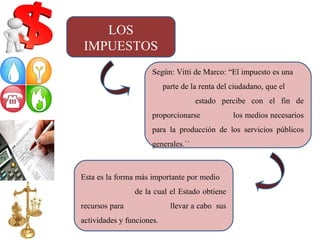 LOS
IMPUESTOS
Según: Vitti de Marco: “El impuesto es una
parte de la renta del ciudadano, que el
estado percibe con el fin de
proporcionarse los medios necesarios
para la producción de los servicios públicos
generales.´´
Esta es la forma más importante por medio
de la cual el Estado obtiene
recursos para llevar a cabo sus
actividades y funciones.
 