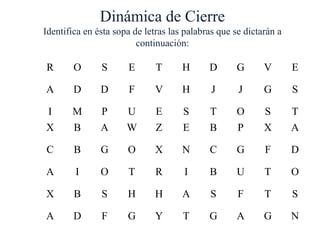 Dinámica de Cierre
Identifica en ésta sopa de letras las palabras que se dictarán a
continuación:
R O S E T H D G V E
A D D F V H J J G S
I M P U E S T O S T
X B A W Z E B P X A
C B G O X N C G F D
A I O T R I B U T O
X B S H H A S F T S
A D F G Y T G A G N
 