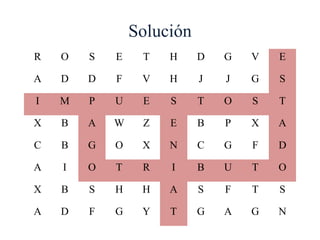 Solución
R O S E T H D G V E
A D D F V H J J G S
I M P U E S T O S T
X B A W Z E B P X A
C B G O X N C G F D
A I O T R I B U T O
X B S H H A S F T S
A D F G Y T G A G N
 
