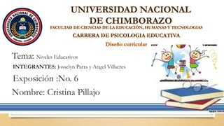 Tema: Niveles Educativos
INTEGRANTES: Josselyn Parra y Angel Villacres
Exposición :No. 6
Nombre: Cristina Pillajo
 