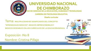 Tema: MULTIPLICIDAD DE SIGNIFICADOS DEL CONCEPTO
“APRENDIZAJES BÁSICOS”: BÁSICOS IMPRESCINDIBLESY
BÁSICOS DESEABLES EN LOS CURRÍCULOS DE LA EDUCACIÓN BÁSICA.
Exposición :No 8
Nombre: Cristina Pillajo
 