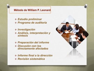  Estudio preliminar
 Programa de auditoria
 Investigación
 Análisis, interpretación y
síntesis
 Preparación del informe
 Discusión con los
directamente afectados
 Informe final a la dirección
 Revisión sistemática
Método de William P. Leonard
 