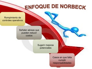 Rompimiento de
controles operativos
Señalar aéreas que
pueden reducir
costos
Sugerir mejoras
potenciales
Casos en que falta
cumplir
responsabilidades
 