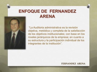 ENFOQUE DE FERNANDEZ
ARENA
“La Auditoria administrativa es la revisión
objetiva, metódica y completa de la satisfacción
de los objetivos institucionales; con base en los
niveles jerárquicos de la empresa; en cuanto a
su estructura y la participación individual de los
integrantes de la institución”.
FERNANDEZ ARENA
 