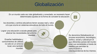 Globalización
Se denomina Globalización al
proceso económico, tecnológico,
político, social y cultural por el
que diferentes países del mundo
unen sus sociedades a través de
medios que permiten la
comunicación e
interdependencia de los mismos.
Enseñar habilidades y
conocimientos de utilidad
no solo en un entorno
local, sino también
mundial.
Lograr una educación a escala global para
abarcar las necesidades del entorno
mundial ..
los docentes y centros educativos tienen acceso real y veloz
a lo que ocurre en sistemas educativos de todo el mundo.
. En un mundo cada vez más globalizado y conectado, es necesario hacer
determinados ajustes en la forma de concebir la educación.
 