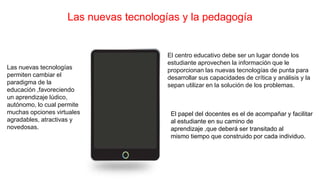 Las nuevas tecnologías y la pedagogía
Las nuevas tecnologías
permiten cambiar el
paradigma de la
educación ,favoreciendo
un aprendizaje lúdico,
autónomo, lo cual permite
muchas opciones virtuales
agradables, atractivas y
novedosas.
El centro educativo debe ser un lugar donde los
estudiante aprovechen la información que le
proporcionan las nuevas tecnologías de punta para
desarrollar sus capacidades de crítica y análisis y la
sepan utilizar en la solución de los problemas.
El papel del docentes es el de acompañar y facilitar
al estudiante en su camino de
aprendizaje ,que deberá ser transitado al
mismo tiempo que construido por cada individuo.
 