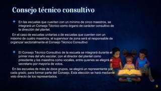 Consejo técnico consultivo
✦ En las escuelas que cuenten con un mínimo de cinco maestros, se
integrará un Consejo Técnico como órgano de carácter consultivo de
la dirección del plantel.
En el caso de escuelas unitarias o de escuelas que cuenten con un
máximo de cuatro maestros, el supervisor de zona será el responsable de
organizar sectorialmente el Consejo Técnico Consultivo
✦ El Consejo Técnico Consultivo de la escuela se integrará durante el
primer mes del año escolar, con el director del plantel como
presidente y los maestros como vocales, entre quienes se elegirá al
secretario por mayoría de votos.
En las escuelas de más de doce grupos, se elegirá un representante por
cada grado, para formar parte del Consejo. Esta elección se hará mediante
voto directo de los representados.
9
 