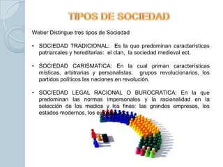 Weber Distingue tres tipos de Sociedad

• SOCIEDAD TRADICIONAL: Es la que predominan características
  patriarcales y hereditarias: el clan, la sociedad medieval ect.

• SOCIEDAD CARISMATICA: En la cual priman características
  místicas, arbitrarias y personalistas: grupos revolucionarios, los
  partidos políticos las naciones en revolución.

• SOCIEDAD LEGAL RACIONAL O BUROCRATICA: En la que
  predominan las normas impersonales y la racionalidad en la
  selección de los medios y los fines: las grandes empresas, los
  estados modernos, los ejércitos etc.
 