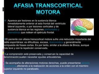  Aparece por lesiones en la sustancia blanca
inmediatamente anterior al asta frontal del ventrículo
lateral izquierdo, o por lesiones corticales y de
sustancia blanca en las regiones prefrontales y
premotoras que rodean el opérculo frontal.
El paciente con afasia transcortical motora sufre una reducción importante del
habla espontánea: es dificultosa, escasa, disprosódica y generalmente
compuesta de frases cortas. Es por tanto, similar a la afasia de Broca, aunque
más leve y con la repetición conservada.
La comprensión está preservada y conservan la capacidad de
denominación;suelen necesitar ayudas articulatorias.
Se acompaña de alteraciones motoras derechas, puede presentarse apraxia
ideomotora, afectando a la realización de acciones a la orden con el miembro
superior izquierdo no paralizado.
 