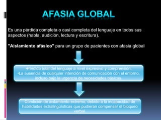 Es una pérdida completa o casi completa del lenguaje en todos sus
aspectos (habla, audición, lectura y escritura).
"Aislamiento afásico" para un grupo de pacientes con afasia global
•Pérdida total del lenguaje a nivel expresivo y comprensión.
•La ausencia de cualquier intención de comunicación con el entorno,
incluso bajo la urgencia de necesidades básicas.
Condición de aislamiento extremo, debido a la incapacidad de
habilidades extralingüísticas que pudieran compensar el bloqueo
verbal.
 