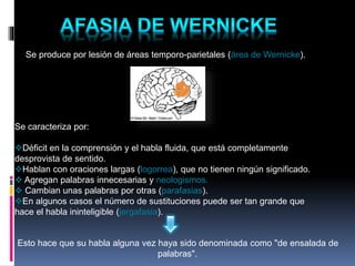 Se produce por lesión de áreas temporo-parietales (área de Wernicke).
Se caracteriza por:
Déficit en la comprensión y el habla fluida, que está completamente
desprovista de sentido.
Hablan con oraciones largas (logorrea), que no tienen ningún significado.
 Agregan palabras innecesarias y neologismos.
 Cambian unas palabras por otras (parafasias).
En algunos casos el número de sustituciones puede ser tan grande que
hace el habla ininteligible (jergafasia).
Esto hace que su habla alguna vez haya sido denominada como "de ensalada de
palabras".
 