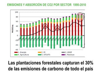 EMISIONES Y ABSORCIÓN DE CO2 POR SECTOR 1990-2010
Las plantaciones forestales capturan el 30%
de las emisiones de carbono de todo el país
 