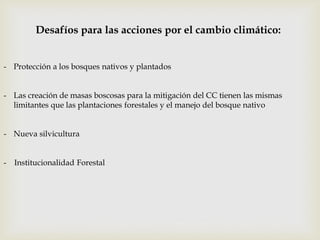 Desafíos para las acciones por el cambio climático:
- Protección a los bosques nativos y plantados
- Las creación de masas boscosas para la mitigación del CC tienen las mismas
limitantes que las plantaciones forestales y el manejo del bosque nativo
- Nueva silvicultura
- Institucionalidad Forestal
 