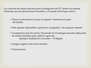 - Las creación de masas boscosas para la mitigación del CC tienen las mismas
limitantes que las plantaciones forestales y el manejo del bosque nativo
+ Tierra es privada por lo que se requiere fomento por parte
del Estado.
+ Sólo quedan disponibles superficies marginales y de pequeño tamaño
+ Competencia por los suelos: Desarrollo de tecnologías permite utilización
de suelos forestales para cultivos agrícolas.
Ejemplo: Embalse El Convento – VI Región
+ Imagen negativa del sector forestal
+ Parcelaciones
 