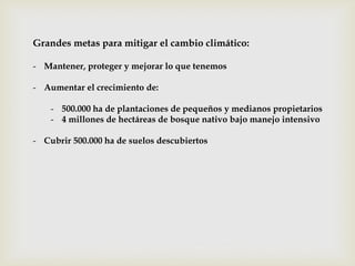 Grandes metas para mitigar el cambio climático:
- Mantener, proteger y mejorar lo que tenemos
- Aumentar el crecimiento de:
- 500.000 ha de plantaciones de pequeños y medianos propietarios
- 4 millones de hectáreas de bosque nativo bajo manejo intensivo
- Cubrir 500.000 ha de suelos descubiertos
 
