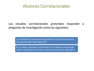 Alcances Correlacionales 
Los estudios correlacionales pretenden responder a 
preguntas de investigación como las siguientes: 
a) ¿Aumenta la autoestima del paciente conforme transcurre 
una psicoterapia orientada a él? 
b) ¿a mayor variedad y autonomía en el trabajo corresponde 
mayor motivación intrínseca respecto de las tareas laborales? 
 