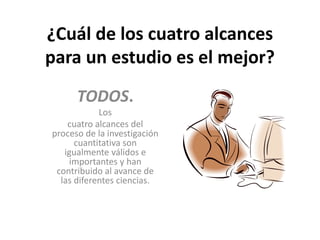 ¿Cuál de los cuatro alcances 
para un estudio es el mejor? 
TODOS. 
Los 
cuatro alcances del 
proceso de la investigación 
cuantitativa son 
igualmente válidos e 
importantes y han 
contribuido al avance de 
las diferentes ciencias. 
 