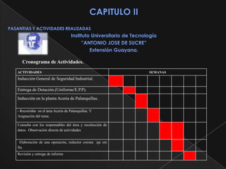 CAPITULO II
PASANTIAS Y ACTIVIDADES REALIZADAS
                                      Instituto Universitario de Tecnología
                                            ”ANTONIO JOSE DE SUCRE”
                                               Extensión Guayana.

      Cronograma de Actividades.
   ACTIVIDADES                                                         SEMANAS
   Inducción General de Seguridad Industrial.

   Entrega de Dotación.(Uniforme/E.P.P).
   Inducción en la planta Aceria de Palanquillas.

   - Recorridas en el área Aceria de Palanquillas. Y
   Asignación del tema.

   Consulta con los responsables del área y recolección de
   datos. Observación directa de actividades


    Elaboración de una operación, reductor corona eje sin
   fin.
   Revisión y entrega de informe
 
