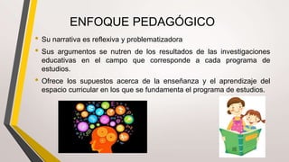 ENFOQUE PEDAGÓGICO
• Su narrativa es reflexiva y problematizadora
• Sus argumentos se nutren de los resultados de las investigaciones
educativas en el campo que corresponde a cada programa de
estudios.
• Ofrece los supuestos acerca de la enseñanza y el aprendizaje del
espacio curricular en los que se fundamenta el programa de estudios.
 