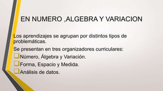 EN NUMERO ,ALGEBRA Y VARIACION
Los aprendizajes se agrupan por distintos tipos de
problemáticas.
Se presentan en tres organizadores curriculares:
Número, Álgebra y Variación.
Forma, Espacio y Medida.
Análisis de datos.
 
