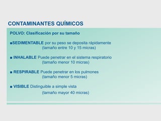 CONTAMINANTES QUÍMICOS
POLVO: Clasificación por su tamaño
■SEDIMENTABLE por su peso se deposita rápidamente
(tamaño entre 10 y 15 micras)
■ INHALABLE Puede penetrar en el sistema respiratorio
(tamaño menor 10 micras)
■ RESPIRABLE Puede penetrar en los pulmones
(tamaño menor 5 micras)
■ VISIBLE Distinguible a simple vista
(tamaño mayor 40 micras)
 