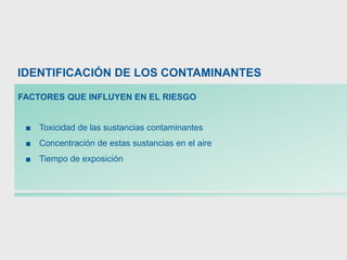 IDENTIFICACIÓN DE LOS CONTAMINANTES
FACTORES QUE INFLUYEN EN EL RIESGO
■ Toxicidad de las sustancias contaminantes
■ Concentración de estas sustancias en el aire
■ Tiempo de exposición
 