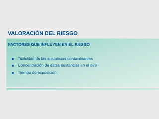 VALORACIÓN DEL RIESGO
FACTORES QUE INFLUYEN EN EL RIESGO
■ Toxicidad de las sustancias contaminantes
■ Concentración de estas sustancias en el aire
■ Tiempo de exposición
 