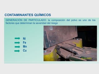 GENERACIÓN DE PARTICULADO: la composición del polvo es uno de los
factores que determinan la severidad del riesgo
Ni
Fe
Mn
Cu
CONTAMINANTES QUÍMICOS
 