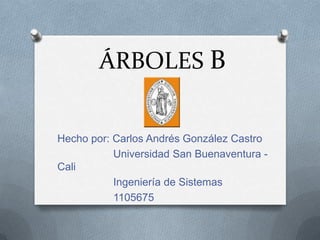 ÁRBOLES B


Hecho por: Carlos Andrés González Castro
           Universidad San Buenaventura -
Cali
           Ingeniería de Sistemas
           1105675
 
